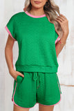 Green Textured Contrast Trim Tee & Drawstring Shorts Set