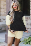 Black Color Block Quilted 3/4 Sleeve Top and Shorts Set